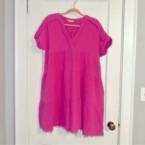 Umgee Crinkle Gauze Tiered Dress. Hot Pink. Size Large.